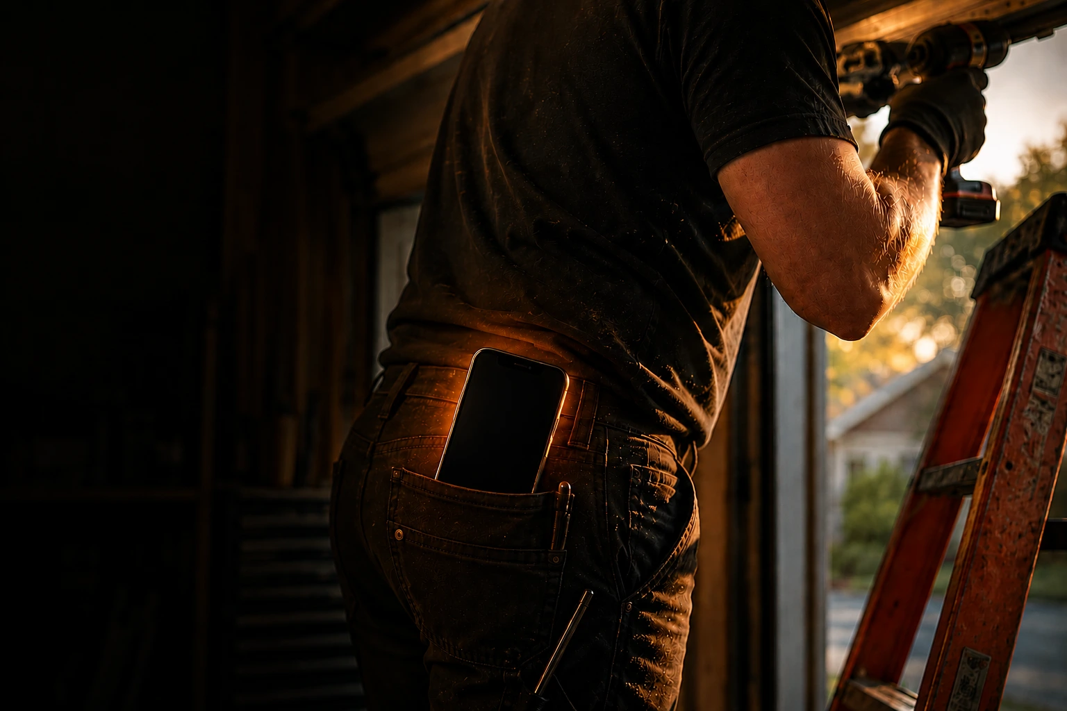 A home-service technician at a garage doorway at sunset, cordless drill in one gloved hand and a smartphone in his back pocket, with a ladder propped beside him.